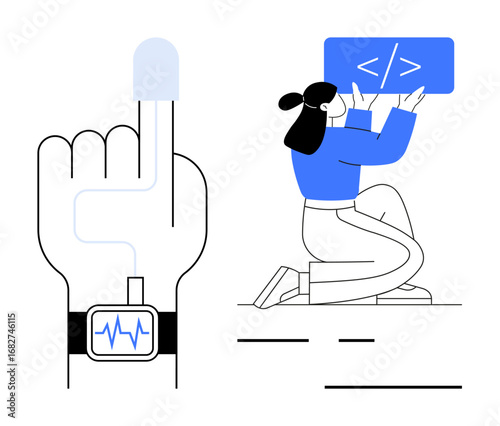 Finger with a wearable health tracker and a seated woman holding a coding screen emphasize tech innovation. Ideal for health tech, programming, data analysis, IoT, innovation, AI, simple landing page