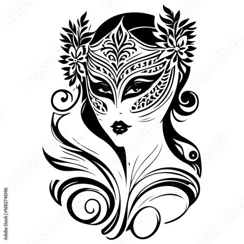 Mysterious woman with an ornate mask and floral decoration creates an enigmatic and artistic