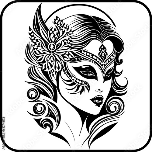 Mysterious woman with ornate carnival mask vector art, highlighting enigmatic elegance and