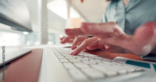 Wallpaper Mural Hands, business and woman with keyboard, typing and research for news report, editing and email. Closeup, person and journalist in office, pc and deadline for online magazine and article publication Torontodigital.ca