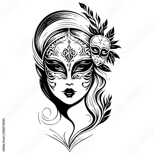 Mysterious woman with ornate mask and flourishing foliage evoking elegance and captivating aura of