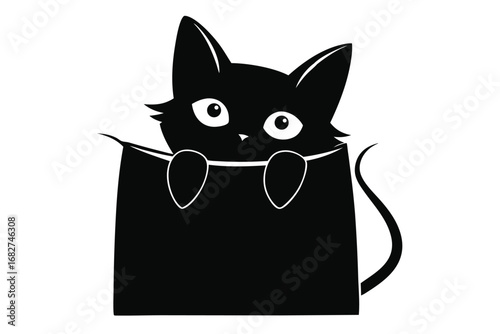 Cute Black Cat in Bag on White Background, Cartoon Silhouette