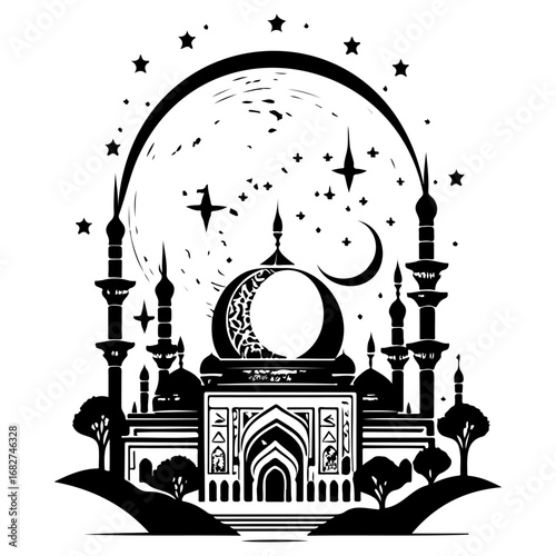 Mystical mosque silhouette under starry crescent moon arches evokes ethereal islamic nightscape