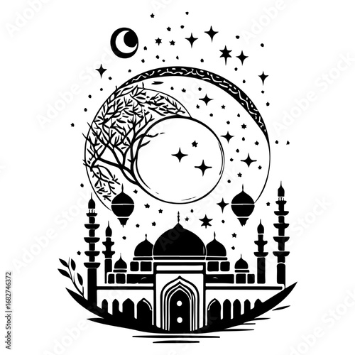 Mystical silhouette of a grand mosque embracing celestial elements and natural motifs within a