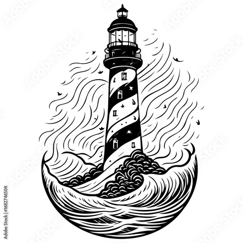Nautical guiding light on a stormy coast illustration, tall lighthouse silhouette against ocean