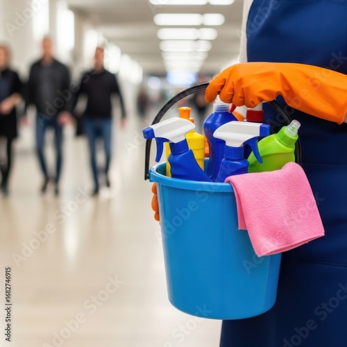 Person in blue apron and orange gloves holding blue bucket with cleaning supplies spray bottles