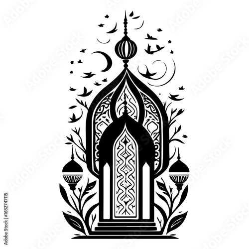 Ornate architectural silhouette evoking cultural heritage with celestial symbolism and avian