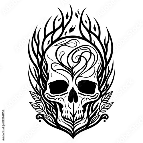 Ornate black and white skull artwork with leafy tendrils a unique dark yet botanical theme