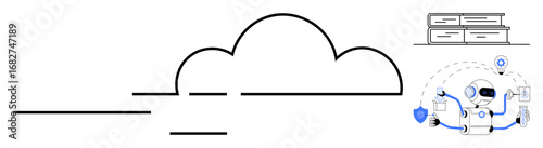 Cloud with AI robot managing tasks, shield for security, documents, and books for storage and knowledge. Ideal for technology, AI, cybersecurity, cloud computing, data management innovation digital