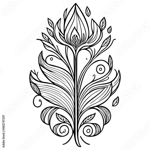 Ornate botanical line art featuring delicate floral elements and subtle spiraling patterns in a