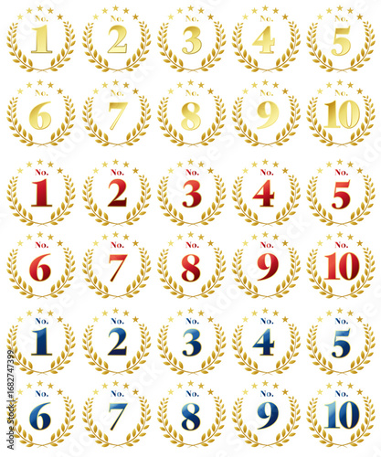 ランキングアイコンセット。金、赤、青の3種類のカラーと、1〜10までの数字。白背景にベクターイラスト。
