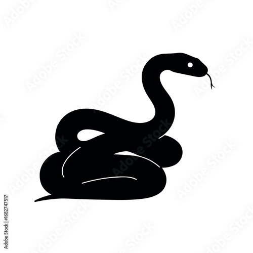 A black silhouette of a coiled snake, poised and ready to strike in a minimalist 2D flat vector illustration style, isolated on a clean white background, showcasing clean lines and solid colors.