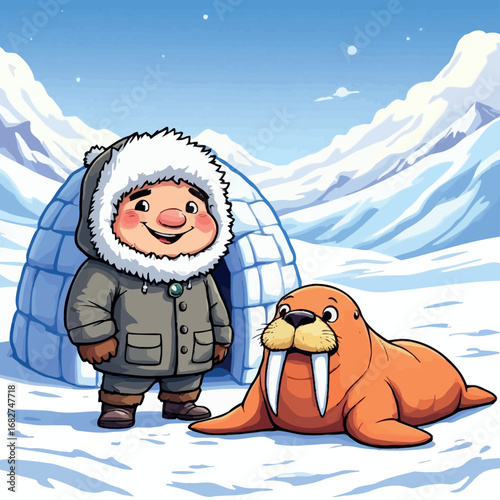 Vsai inuit child with walrus and igloo in arctic landscape