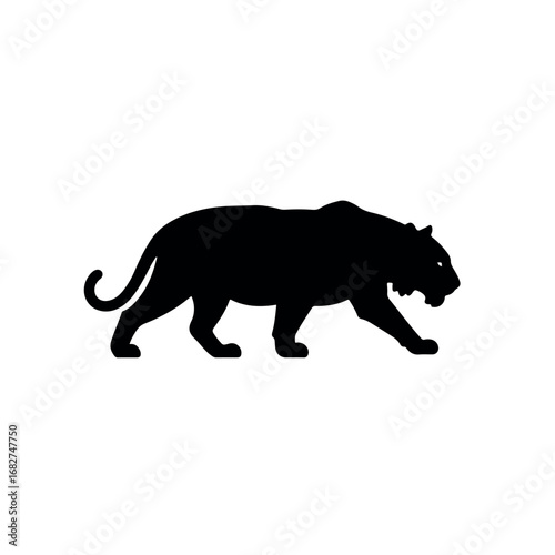 A fierce tiger, presented as a minimalist 2D flat vector black silhouette, stealthily stalks its prey with clean lines on a pure white background.