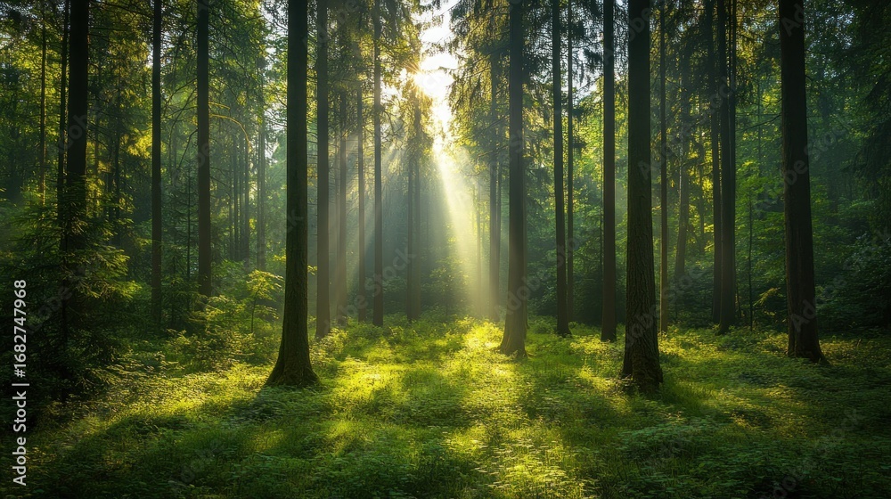 Fototapeta premium Sun rays illuminating a serene forest with vibrant green foliage