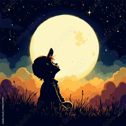 Vsai young child observing the full moon in a starry night sky