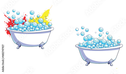 Vsai two white bathtubs full of soap bubbles with colorful splashes on white background