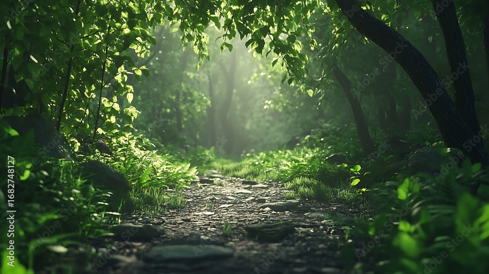 Obraz premium Sunlight filtering through lush forest path surrounded by greenery high resolution picture