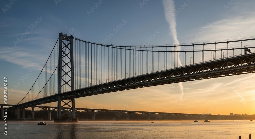 Fototapeta premium Sunrise over a suspension bridge spanning a calm river.
