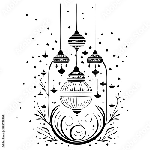 Ornate lantern composition with abstract botanical accents showcasing detailed line work in