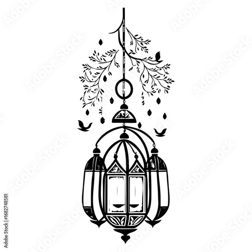 Ornate lantern entwined with natural elements and avian companions evokes whimsical enchantment