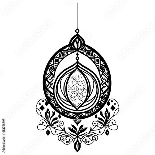 Ornate monochrome abstract ornament with interlaced designs and floral elements evoking bohemian