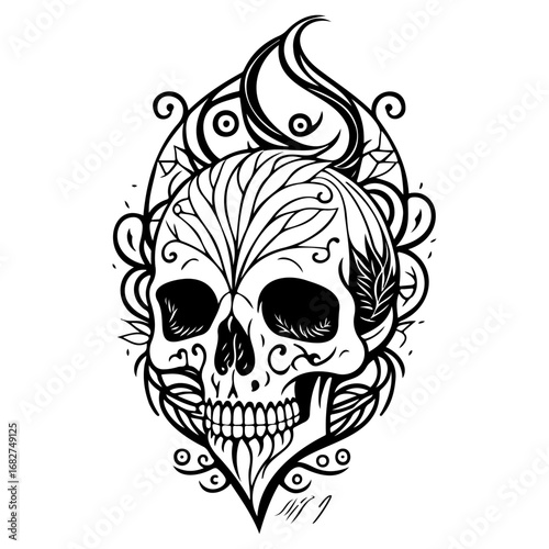 Ornate skull art illustration evoking sugar skull aesthetics with symmetrical decorations for