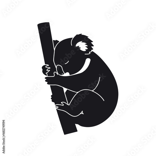 A serene, sleepy koala clings to a sturdy tree branch in a minimalist 2D flat vector illustration, a clean black silhouette seen from a side view, isolated on a pure white background.