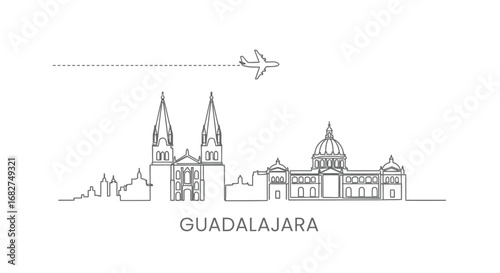 Guadalajara Skyline with Mexico, Airplane, and Travel.