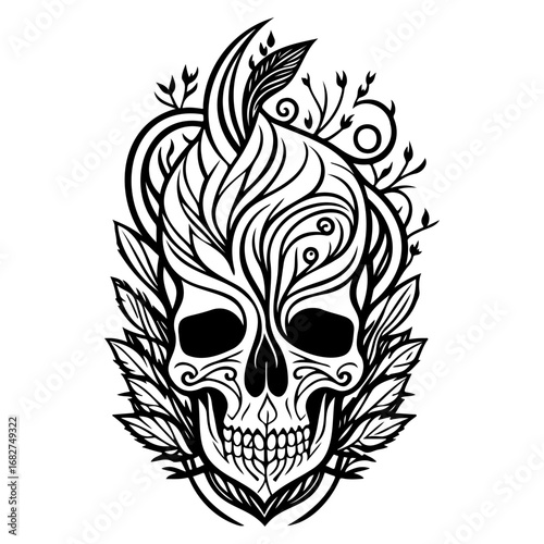 Ornate skull encircled by flourishing botanical elements creating a captivating monochrome design