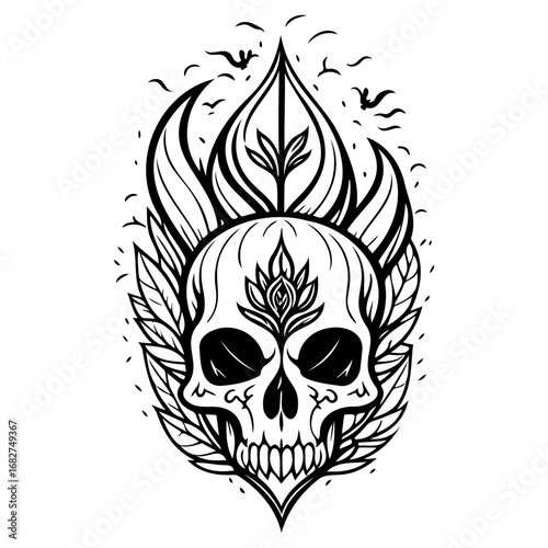 Ornate skull illustration embodying rebirth with abstract leaf elements and avian silhouettes