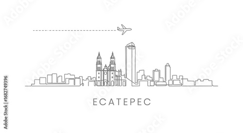Ecatepec Mexico Skyline with Plane, and Line Art.