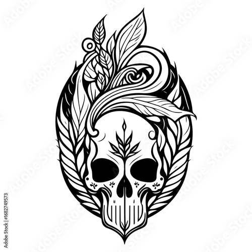 Ornate skull with botanical embellishments creating a unique decorative and captivating design