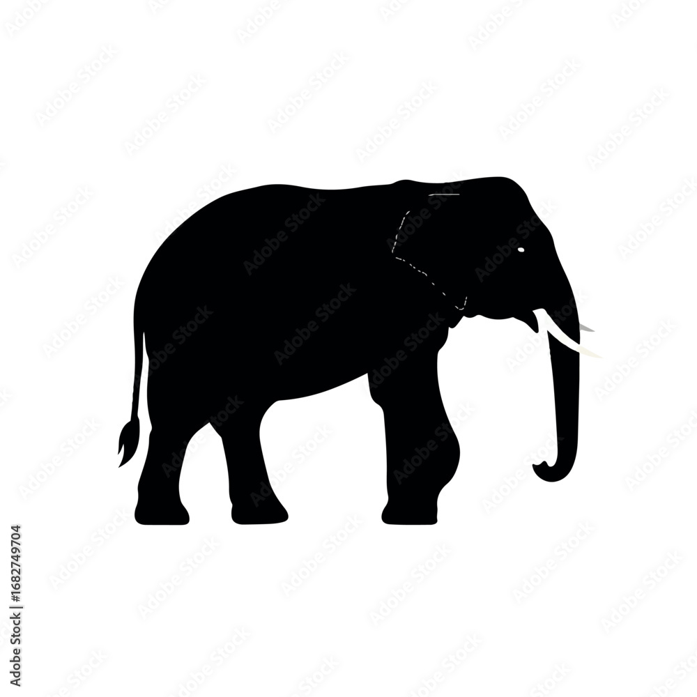 Fototapeta premium A serene black elephant silhouette walks slowly in a minimalist 2D flat vector illustration style, presented from a side view against a clean white background.