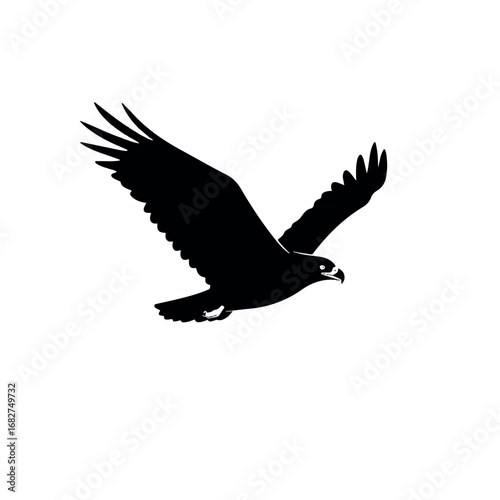 A majestic black eagle soars gracefully with its wings spread wide, captured as a clean, minimalist 2D flat vector illustration from a side view, isolated on a pristine white background.