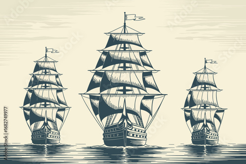 Vintage Sailboats on the Open Sea Nautical Exploration Adventure and Maritime History in Detailed Hand Drawn Vector Illustration