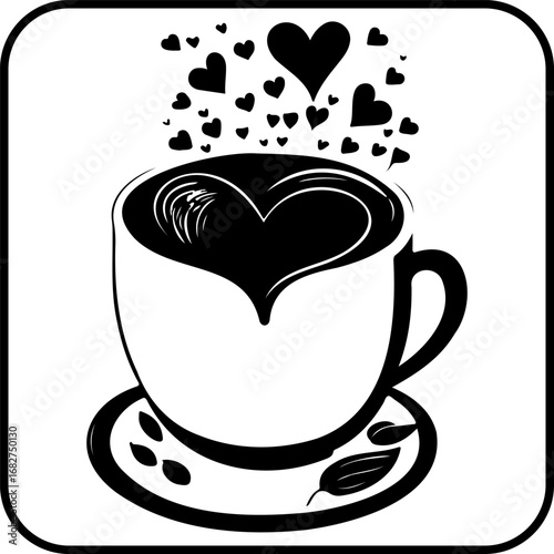 Romantic aroma a cup of coffee filled with love and tenderness in a black and white vector