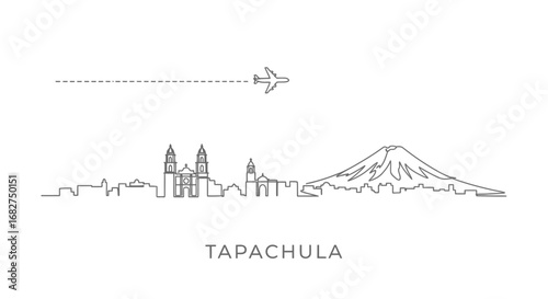 Tapachula Skyline with Plane, Travel, and Minimalist Art.