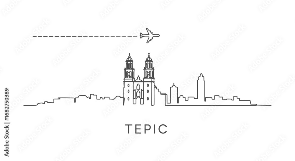 Obraz premium Tepic Skyline Minimal Vector Plane Fly.