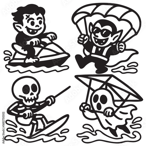 Coloring book page with transparency featuring vampire skeleton ghost cartoon water sport