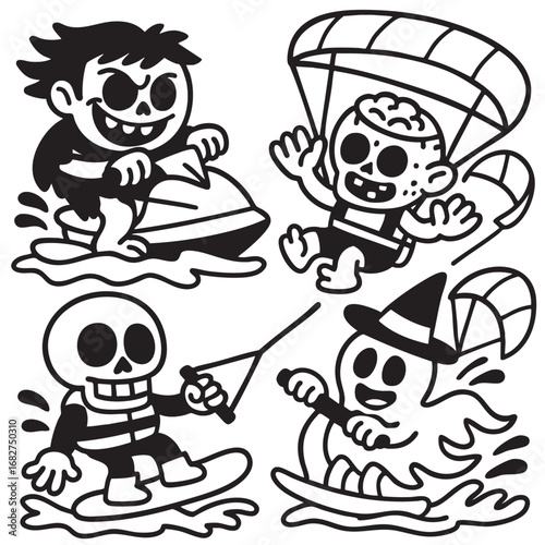 Coloring book page with skeletons and ghost enjoying water sports with transparency effect