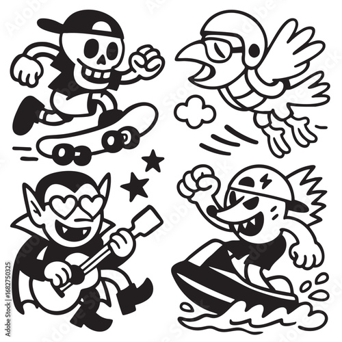 Coloring book page with transparency featuring cartoon skateboarder bird vampire and jet ski