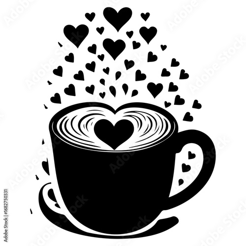 Romantic coffee cup illustration with floating heart shapes expressing love and warm feelings for