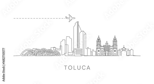 Toluca Skyline Outline with Mexico, and Airplane.