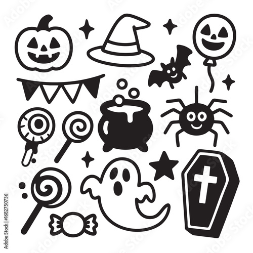 Halloween coloring book page with transparency features pumpkin, witch hat, ghost, spider