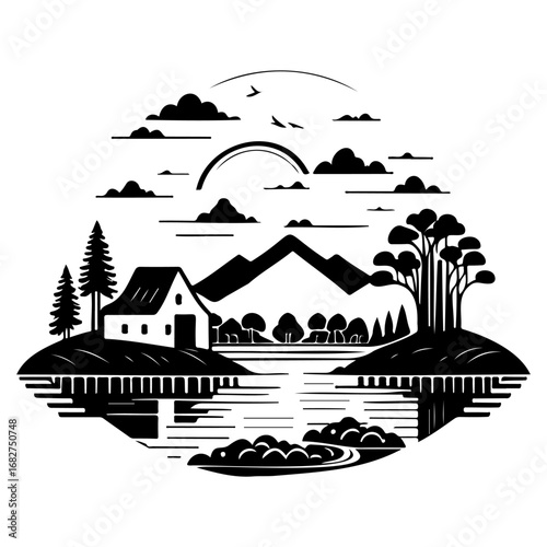 Scenic lakeside cabin nestled amidst mountains serene landscape vector graphic illustration