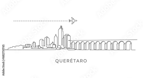 Queretaro Mexico Skyline with Plane, and Line Art.