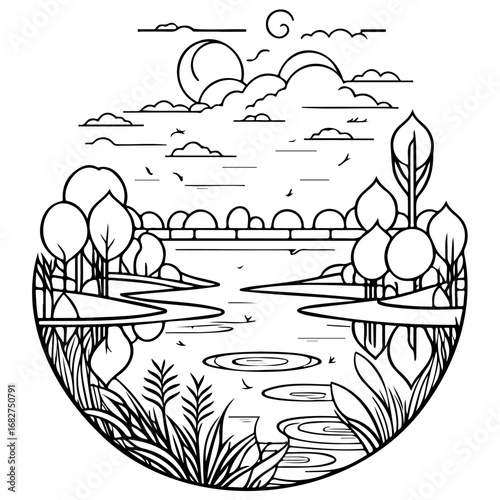 Scenic landscape artwork of lakeside tranquility, showcasing nature's serenity in simplistic