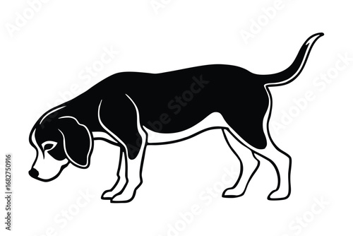 Black and White Silhouette of Beagle Dog Sniffing on White Background