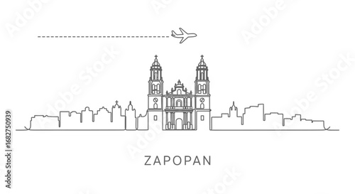 Zapopan Mexico Skyline with Plane Travel, and Vector.
